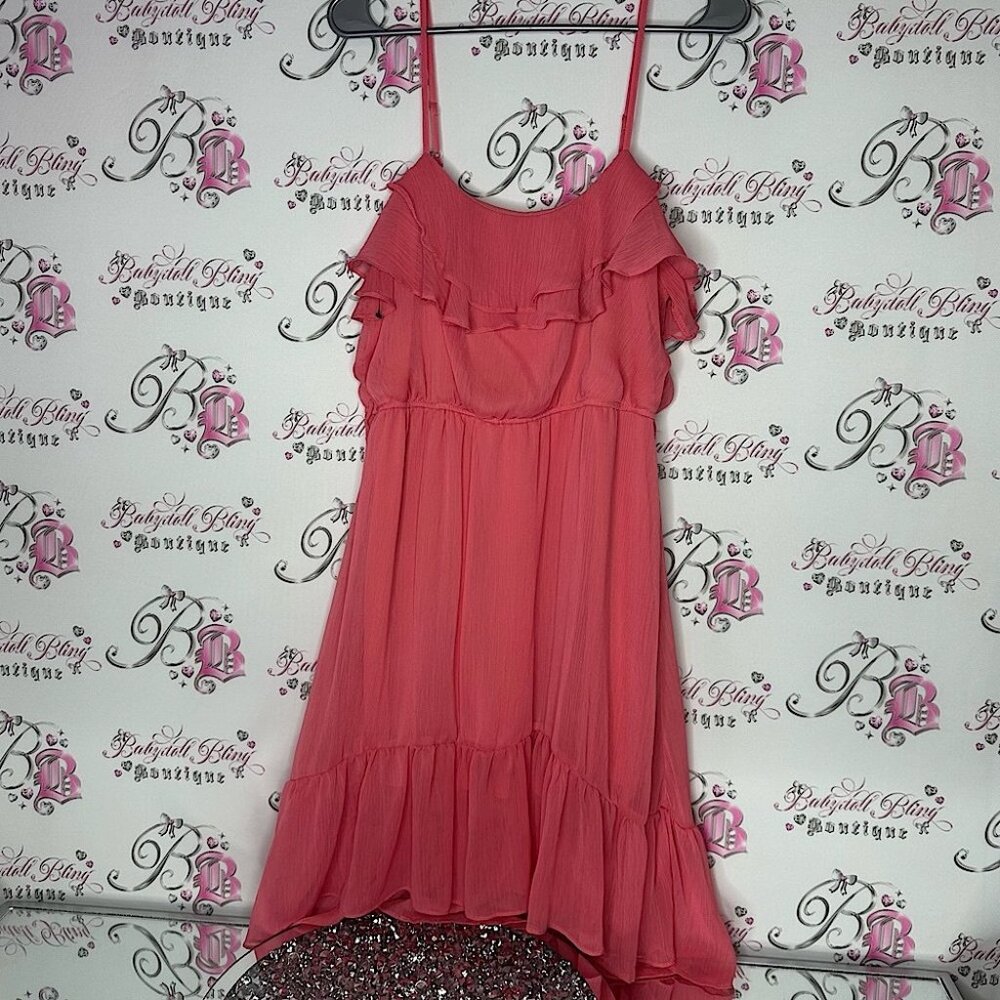 Seduction dress ruffle frill coral pink orange ruffles Chic Pink Ruffle Dress
